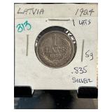 1924 Latvia 1 Lats .835 Silver Coin