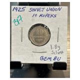 1925 Soviet Union 10 Kopeks Silver Coin
