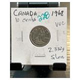 1968 Canadian 10-Cent Silver Coin in Holder