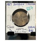 1967 Sweden 1 Krona Coin in GEM BU Condition