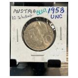1958 Austria 10 Schilling Silver Coin Unc