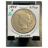 1934-S Peace Dollar Key Date, VF Condition