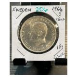 1966 Sweden 5 Kronor Coin, Gustaf VI Adolf Silver