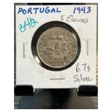1943 Portugal 5 Escudos Silver Coin