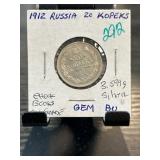 1912 Russia 20 Kopeks Silver Coin in Holder