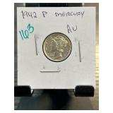 1942 P Mercury Dime in AU Condition