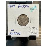 1904 Russian 10 Kopeks Silver Coin