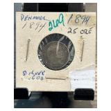 Denmark 1894 25 Ore Silver Coin in Holder