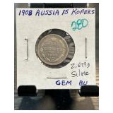 1908 Russia 15 Kopeks Silver Coin