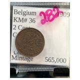 1909 Belgium KM# 36 2 Cent Low Mintage Coin