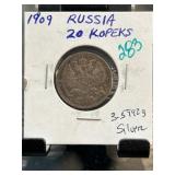 1909 Russia 20 Kopeks Silver Coin in Holder