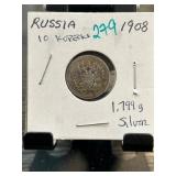 1908 Russia 10 Kopeks Silver Coin