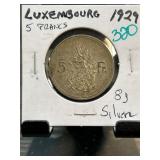1929 Luxembourg 5 Francs Silver Coin