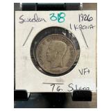 1926 Sweden 1 Krona Coin in VF Condition