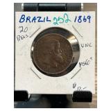 1869 Brazil 20 Reis Coin in Holder