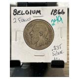 Belgium 1866 2 Francs Silver Coin