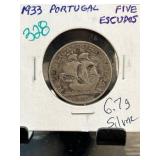 1933 Portugal Five Escudos Coin