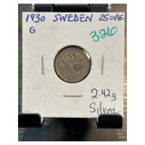 1930-G Sweden 25 Ore Silver Coin
