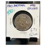 1947 Portugal Five Escudos Silver Coin
