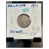 1911 Belgium 50 Centime Silver Coin in Holder