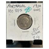 1910 Portugal 100 Reis Coin in .835 Silver
