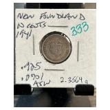 1941 Newfoundland Silver 10 Cents Coin