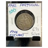 1942 Portugal Five Escudos Silver Coin