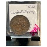 1852 Canada Bank Token Halfpenny Coin