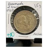 1923 Denmark 2 Kroner Silver Coin AU/UNC