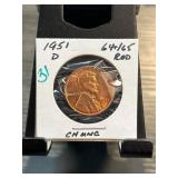 1951-D Lincoln Wheat Cent, Graded 64/65 Red