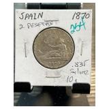 1870 Spain 2 Pesetas Silver Coin