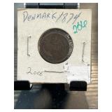 Denmark 2 Ore Silver Coin from 1874 in Holder