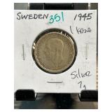 1945 Sweden 1 Krona Silver Coin