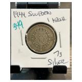 1944 Sweden 1 Krona Silver Coin