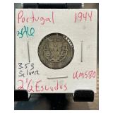 1944 Portugal 2 1/2 Escudos Silver Coin