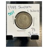 1949 Sweden 1 Kronor Silver Coin