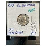 1953 El Salvador 25 Centavos BU Silver Coin