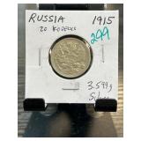 Russian 1915 20 Kopecks Silver Coin