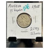Russian 1915 15 Kopeks Silver Coin