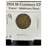 1924 French 50 Centimes Aluminum/Brass Coin
