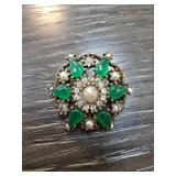 Gold-Tone Green and Pearl Brooch
