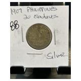 1907 Philippines 20 Centavos Silver Coin
