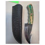 Gut Hook Knife with Green-Wood Handle and Sheath