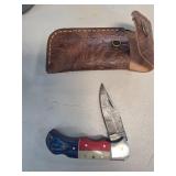 Folding Knife With Multicolor Handle and Leather C