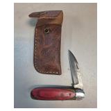 Folding Knife with Red Handle and Leather Sheath