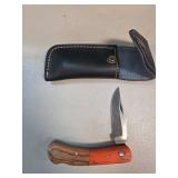 Folding Knife With Wooden Handle and Leather Sheat
