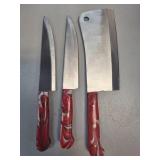 Three Kitchen Knives with Red Handles