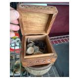 Wooden Box with Trinkets and Metal Tin with Stones