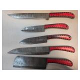 Five Damascus Steel Knives With Red Handles