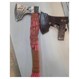 Decorative Axe with Leather Sheath and Carved Desi